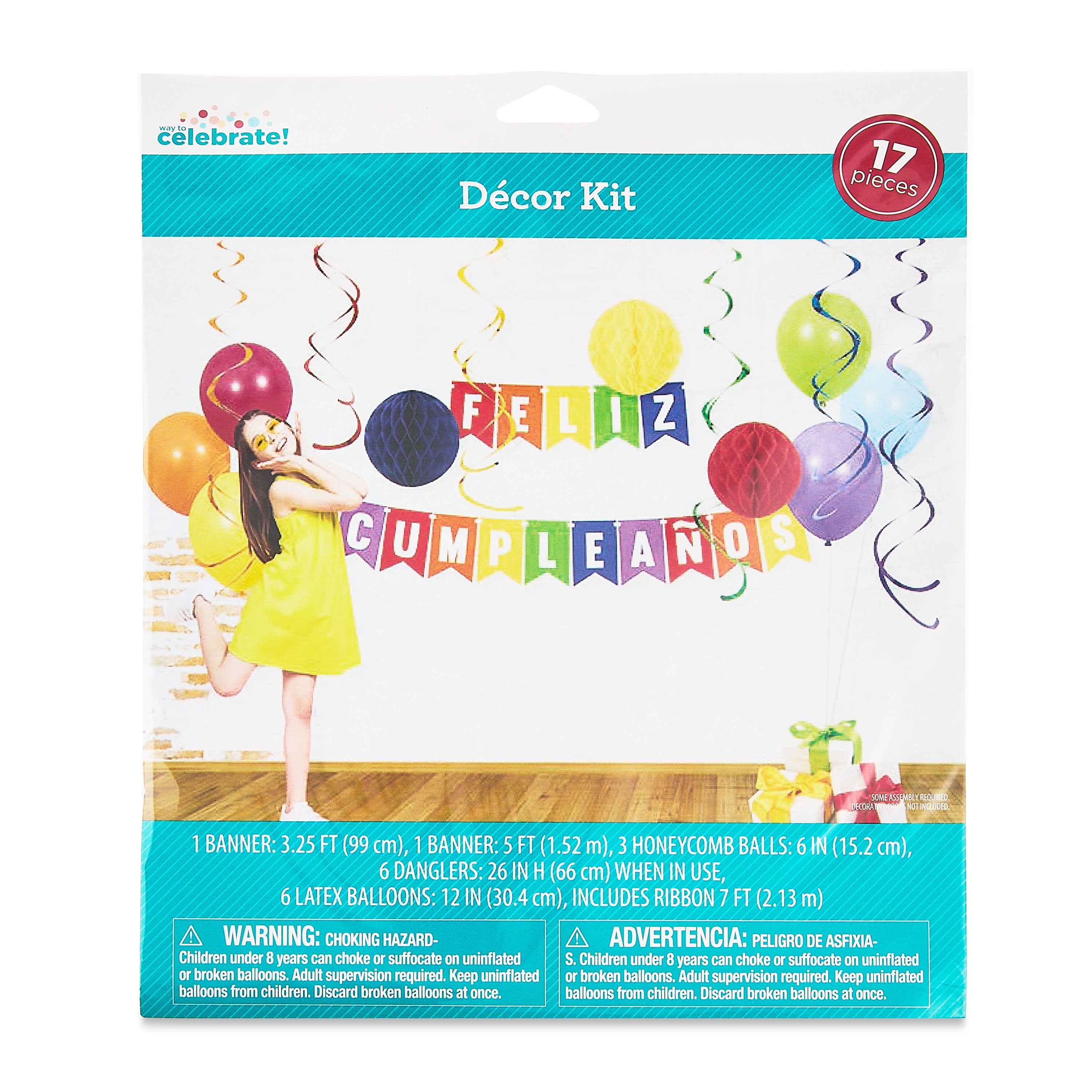 Feliz Cumpleanos Decor Kit, Multicolor, 17 Pieces, Latex and Foil, by Way To Celebrate