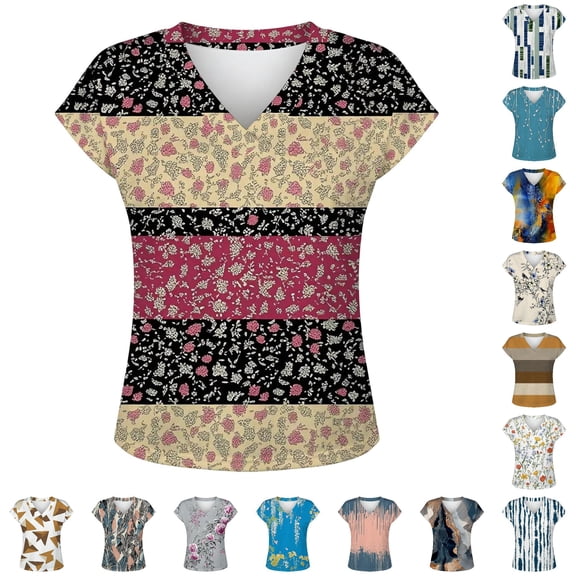DHFJKG Womens Satin Top Floral Printed V Neck Short Sleeve T Shirt Loose Fit Casual Dressy Wear Versatile Tops