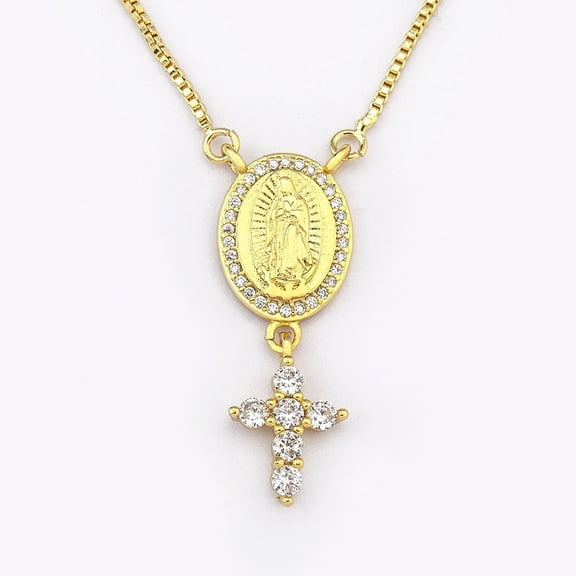 Classic Design 14K Yellow Gold Zircon Cross Virgin Mary Pendant Chain Necklace For Women Neck Jewelry Party Anniversary Gift