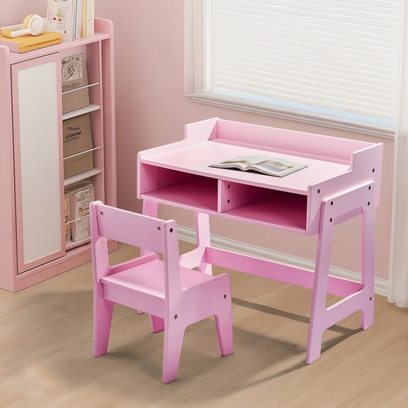 SESSLIFE Study Desk and Chair Set, Compact White Learning Table with Storage Cubby, Safe Rounded Edge Design, Space-Saving Furniture for Home, Pink