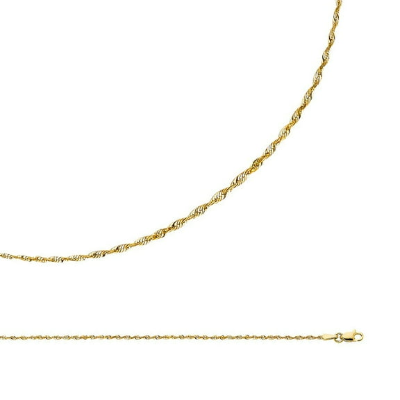 Rope Chain Solid 14k Yellow Gold Necklace For Pendants Diamond Cut Genuine Thin Light, 1.5 mm - 16 inch