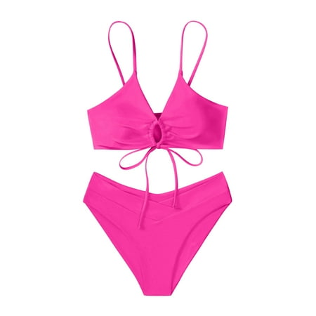 Ersazi Swimsuit Women s Fashion Bikini Set Swimsuit Two Piece Solid Color Sling Swimwear on Clearance Womens Swimsuits Hot Pink L