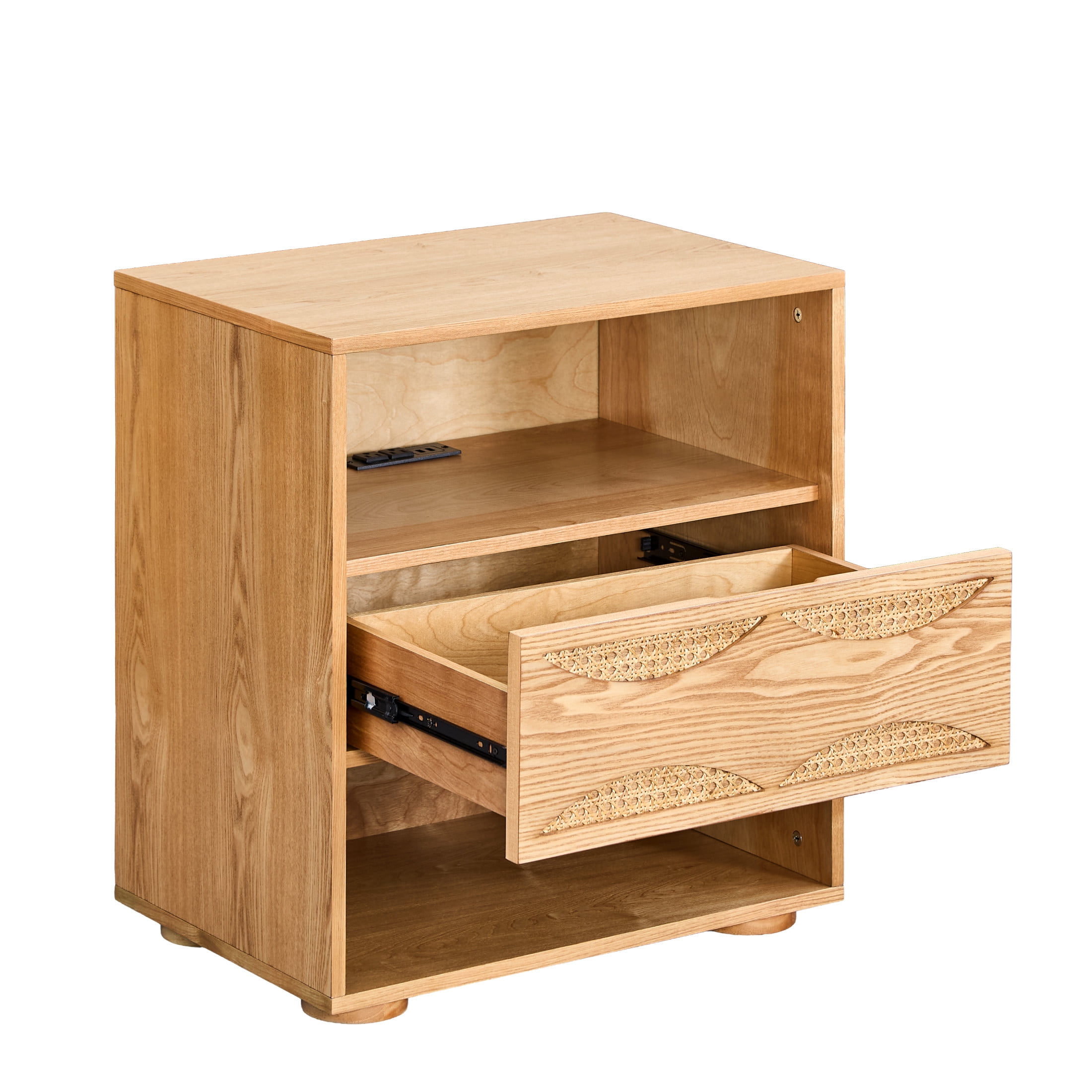 GDF Studio 23.2" Mid Century Modern Rattan Nightstand with Charging Station, Drawer & 2 Open Shelves, Natural