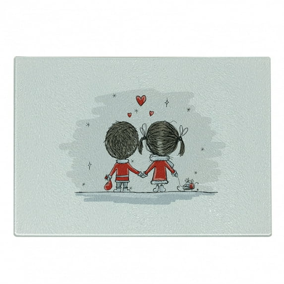 Love Cutting Board, Couple Holding Hands Winter Season Stars and Hearts Christmas Themed Cartoon, Decorative Tempered Glass Cutting and Serving Board, Small Size, Scarlet Cocoa Grey, by Ambesonne