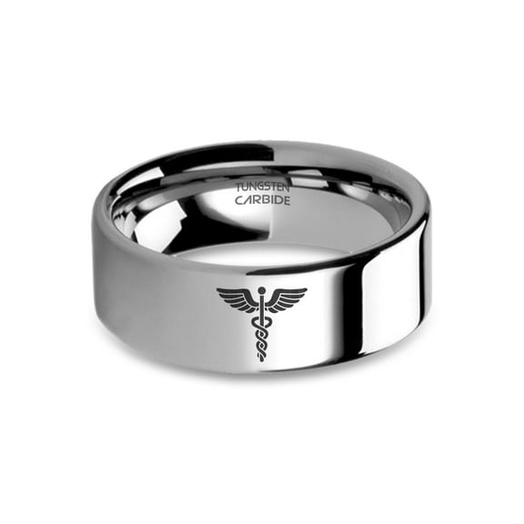 Caduceus Rod of Asclepius Laser Engraved Silver Tungsten Ring, 8mm, Size 15