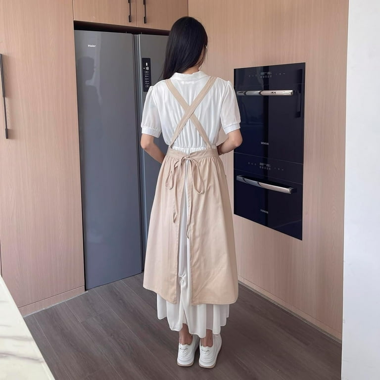 Pinafore Apron DressJapanese Cotton Linen Cross Back Apron for Women with PocketsDress with Waist Ties (Turquoise Blue)