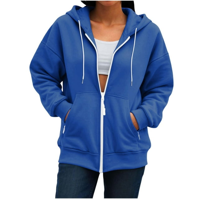 aohooy Cropped Full Zip Hoodie Women Oversized Hooded Sweatshirt Fall Basic Plain Casual Fall Jackets with Pockets Drawstring Blue,M