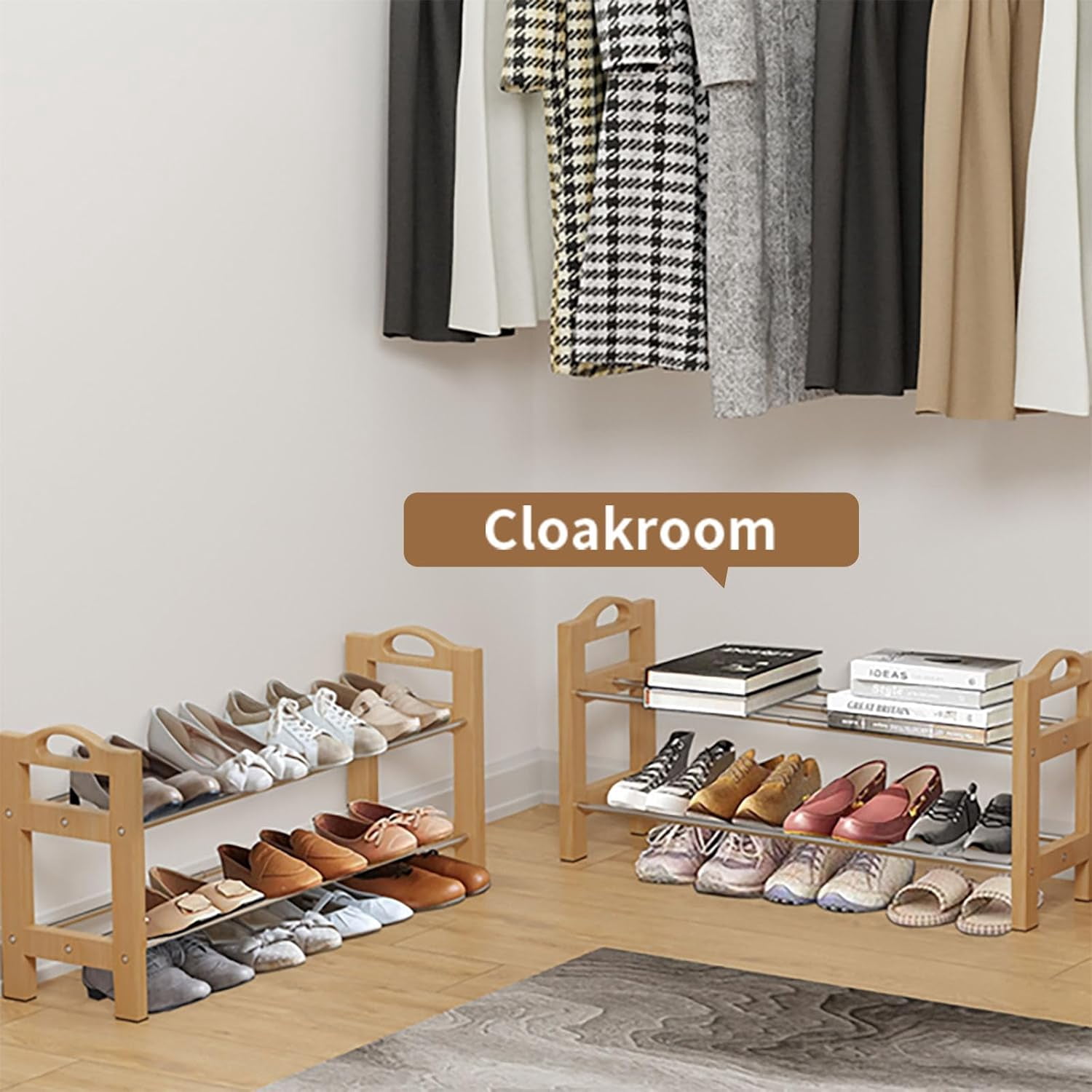 THENNIKIGO Rectangular Shoe Rack Made of Logs Shoe Rack-01 Adult 2-Tier Expandable Freestanding Shoe Rack, Brown, Holds up to 10-Pairs of Shoes