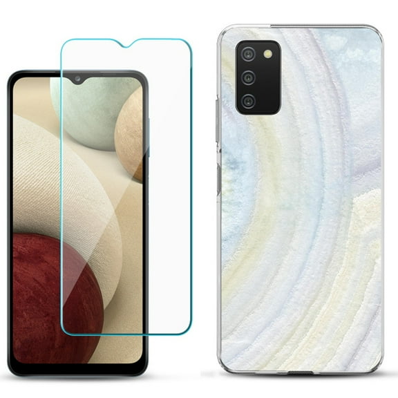 Slim-Fit TPU Phone Case Compatible with Samsung Galaxy A02s, with Tempered Glass Screen Protector, by OneToughShield ® - Marble / Rainbow