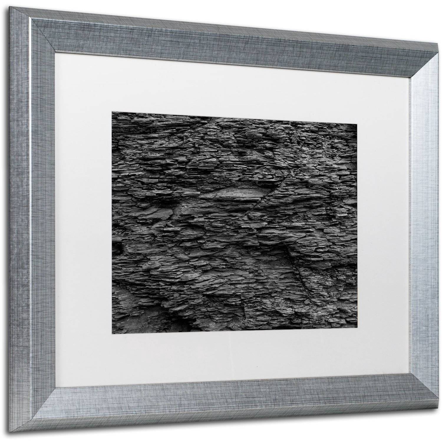 Trademark Fine Art "Shale Abstract in Black and White" Canvas Art by Kurt Shaffer, White Matte, Silver Frame