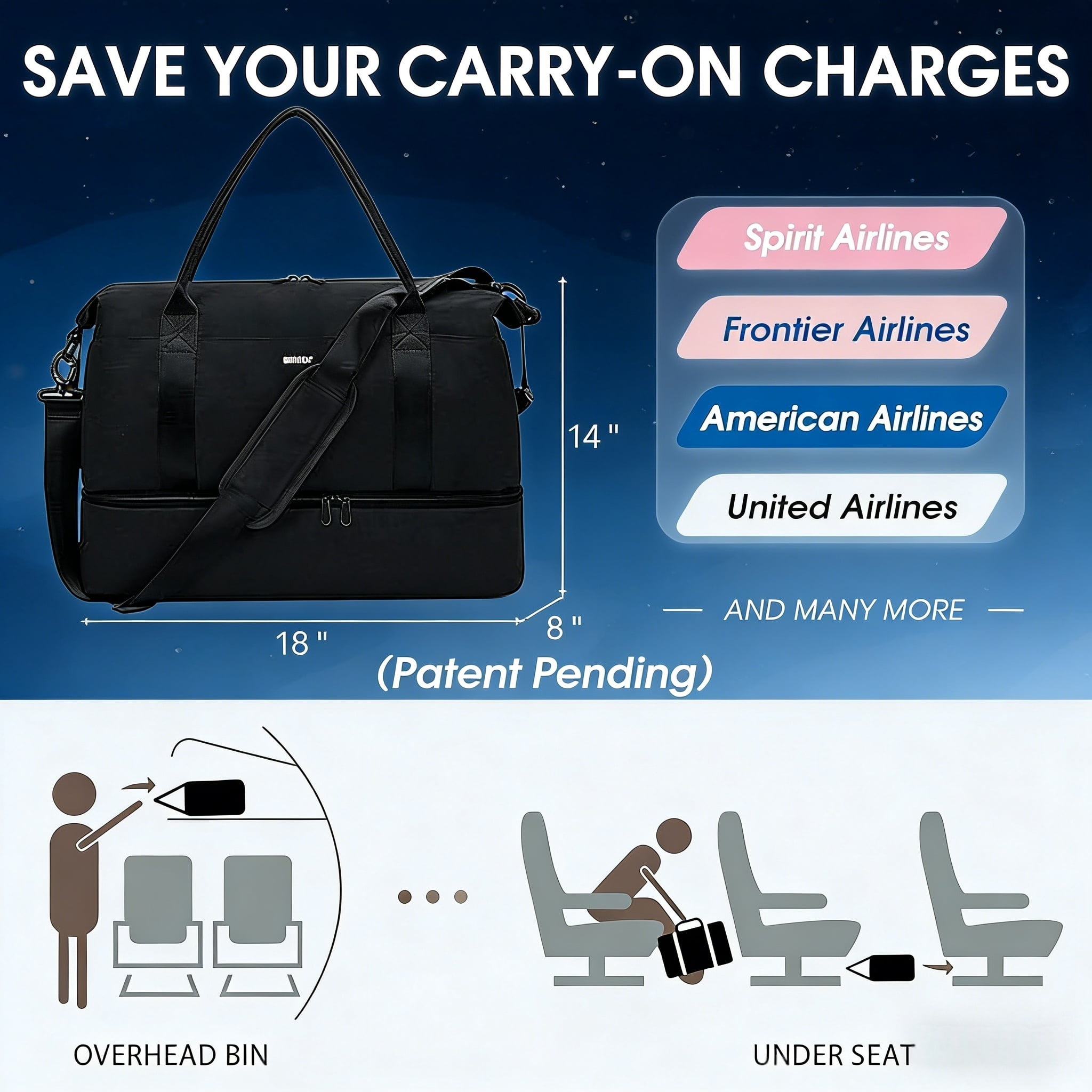 WANDF For Spirit Airlines Travel Bag With Shoe Compartment,18x14x8 Underseat Carry On Bag Weekender Bag with Toiletry Bag,Personal Item Bag With USB Charging Port,Gym Bag With Wet Pocket(Black Bag)