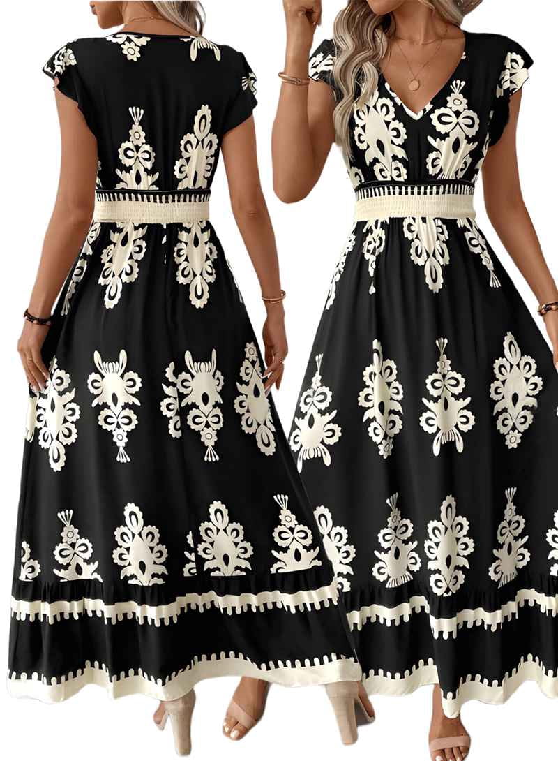 Summer Dresses for Women 2025 Casual Ruffle Sleeves Dress Sundresses Boho Beach Dresses Black XL