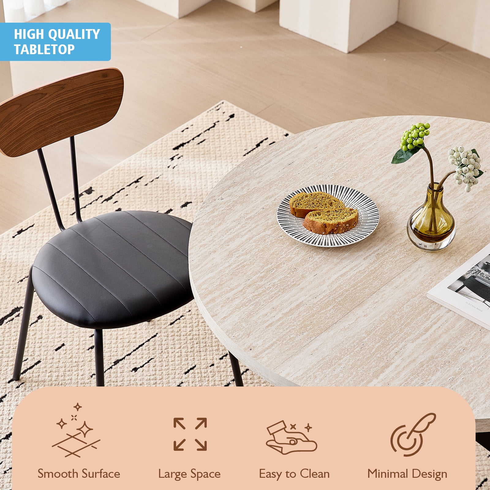 39 Inch Round Dining Table for 4, Mid-Century Kitchen Leisure Table for Apartment Living Room Space Saving, Metal Cross Legs, Light Stone Pattern