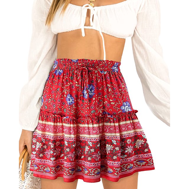 Women's Summer Cute High Waist Ruffle Skirt Floral Print Swing Beach M.