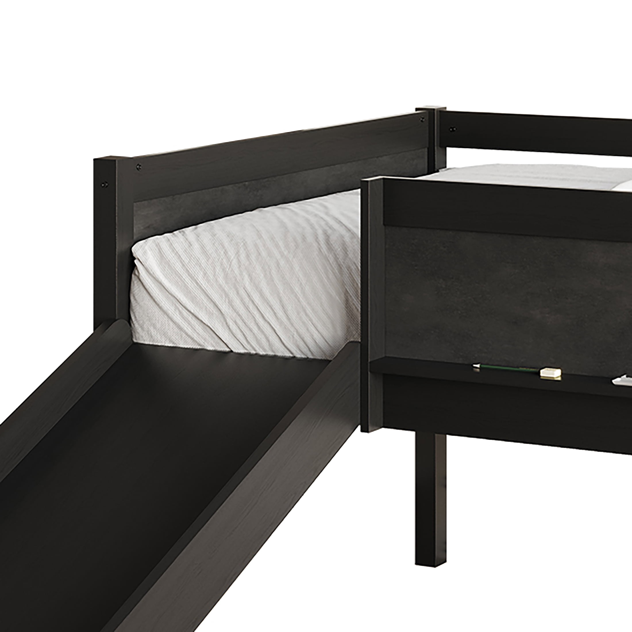Castle Place Wooden Twin Junior Loft Bed with Chalkboard and Slide, Black