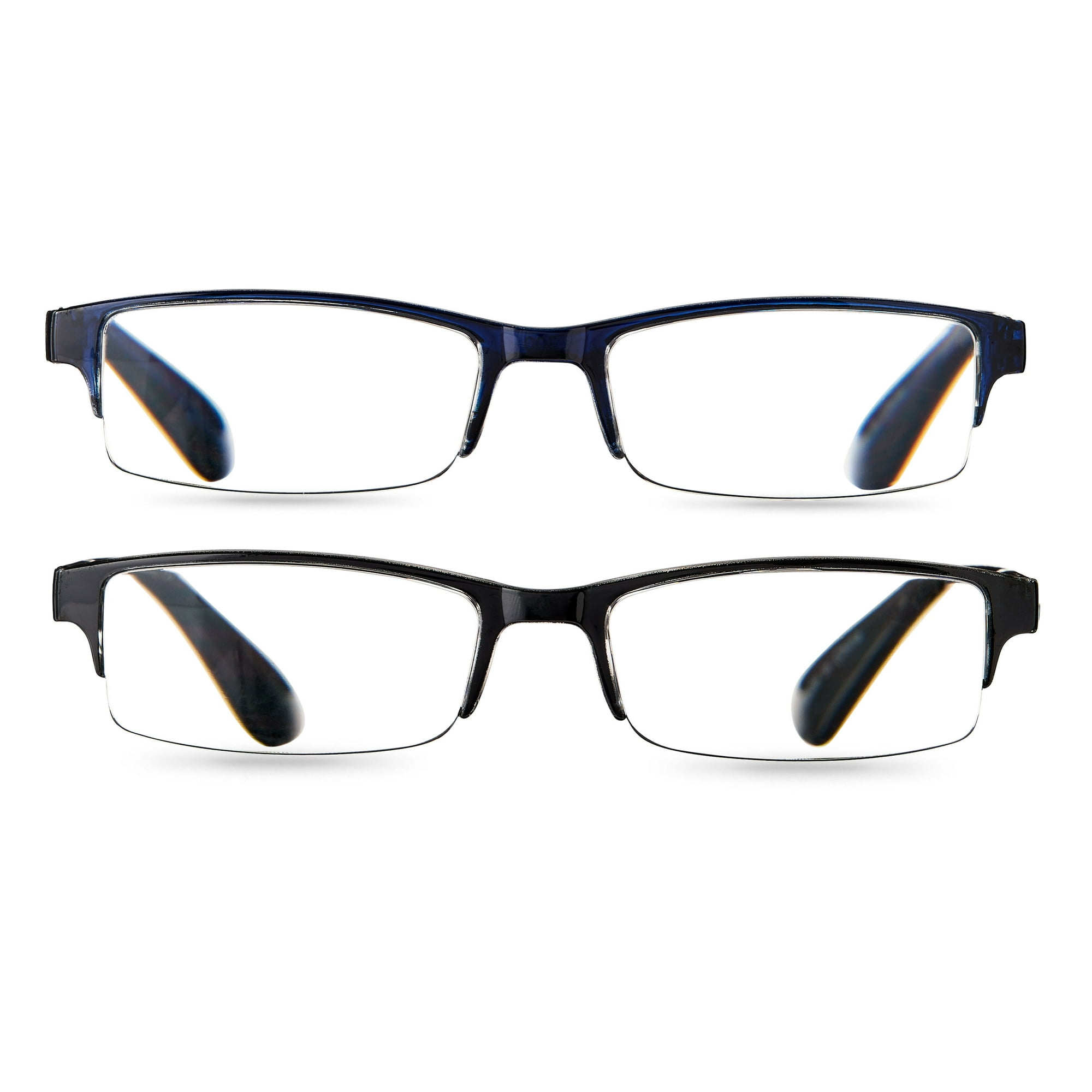 Equate Unisex Quinn Rectangular Reading Glasses with Case, Black and Navy Blue, +1.75, 2 Pack
