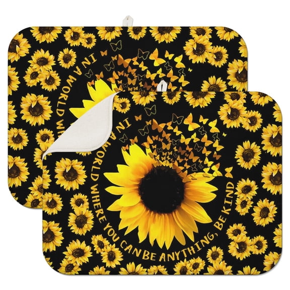2 Pcs Sunflowers Dish Drying Mat - 18 X 24 Inch Floral Absorbent Microfiber Kitchen Counter Mat – Quick-Dry Dish Rack Alternative, Dish Drying Pad for Dishes, Cups, Utensils, Pots & Pans