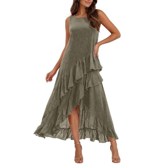 SAWOBUUN Womens Elegant Maxi Dress Sleeveless Crew Neck Asymmetrical Ruffle Hem Flowy Long Dress for Party Cocktail Wedding