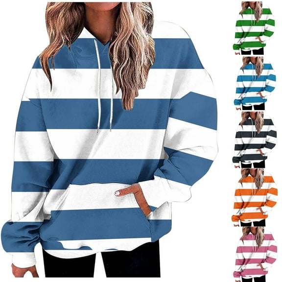 Women's Regular-Fit Pullover Hoodie Women Oversized Striped Sweatshirt Long Sleeve Color Block Pullover Tops Casual Loose Workout Clothes Women's Tshirts Long Sleeve Drawstring Hoodies