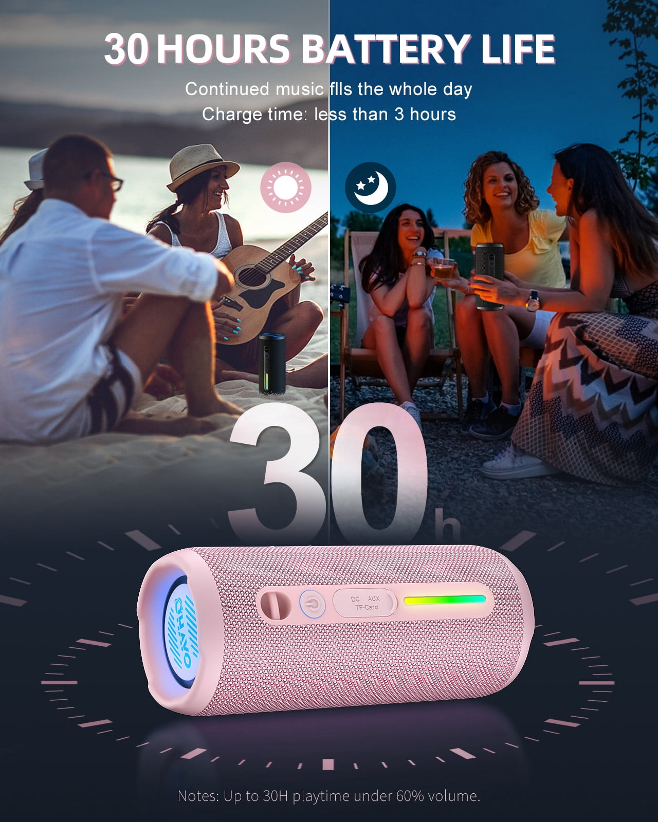Portable Bluetooth Speaker, 24W Stereo Sound, IPX7 Waterproof, Bluetooth 5.3, RGB Lights, Dual Pairing, 30H Playtime for Outdoor Home Party