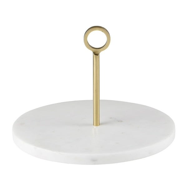 8" White Round Marble Serving Tray with Brass Handle