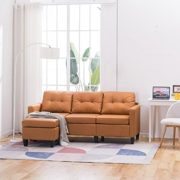 Zimtown Reversible Sectional Sofa Couch For Small Apartment L Shape Pu Brown Com Zimtown Reversible Sectional Sofa Couch, Small Apartment Sofa