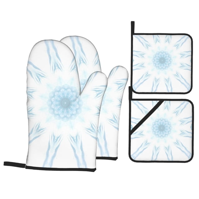 YFYANG Kits Mitaines et Porte-Pots 4 Pièces, Résistant à la Chaleur Abstract Snowflake Pattern Kitchen Gant Pot Mat pour la Cuisson et la Cuisson