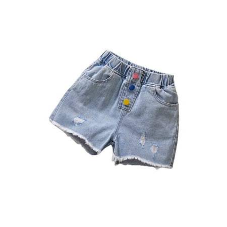 

Xiaoluokaixin Toddler Baby Girls Ripped Denim Shorts Kids Elastic Ruffled Waist with Pockets Jeans High Waist Pants
