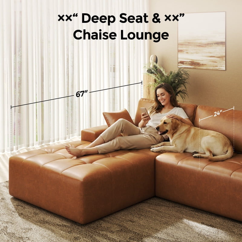 PATBRELA Sectional Sofa, 101" L-Shaped Deep Seat Cloud Couch, Modular Sofa with Back Cushion for Living Room Bedroom, PU Leather, No Assembly Required, Brown (Left Facing Chaise)