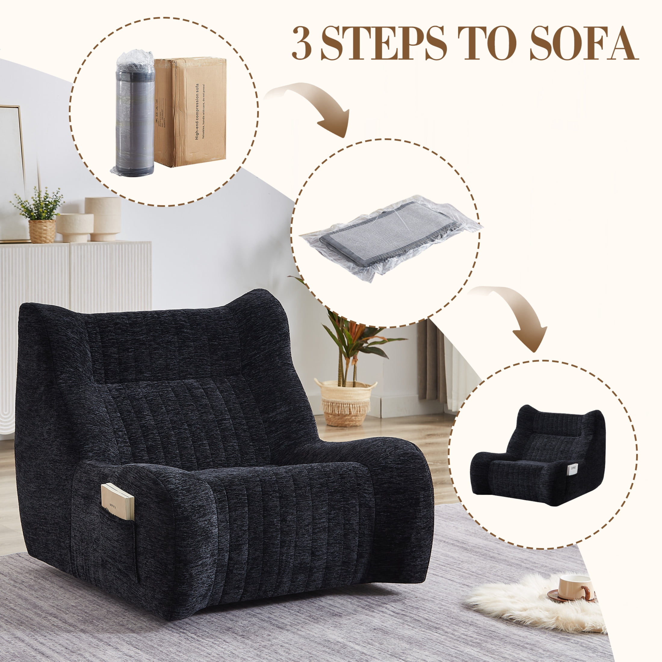 Noble House Oversized Bean Bag Chair with Armrests, Comfy Lazy Floor Accent Sofa for Living Room & Bedroom, Black