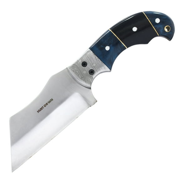 Hunt-Down 9" Blue & Black Resin Handle Damascus Bolster Hunting Knife with Leather Sheath