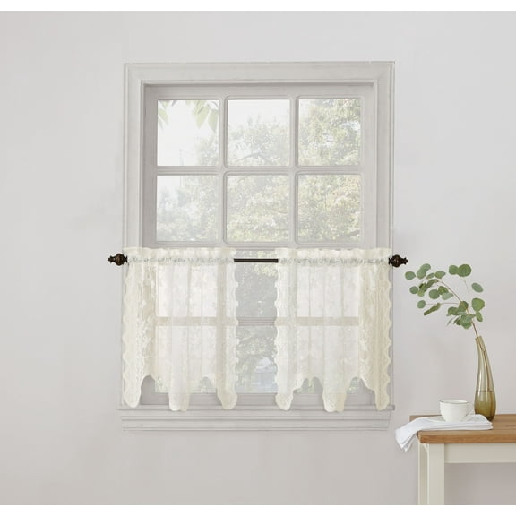 No. 918 Quinn Floral Lace Sheer Rod Pocket Kitchen Curtains, 58"x24", Ivory