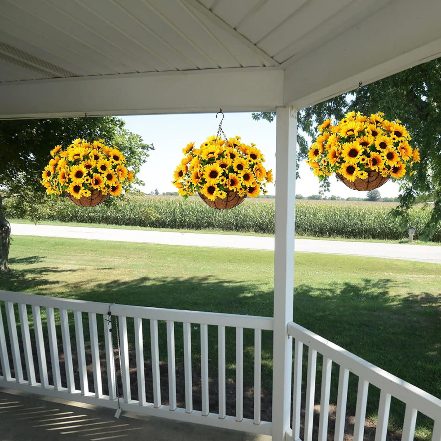 Artificial Sunflowers Fake Hanging Flowers Plants Baskets for Outdoor Spring Summer Decoration, Faux Silk Flowers Look Real UV Resistant for Porch Patio Garden Summer Home Decor