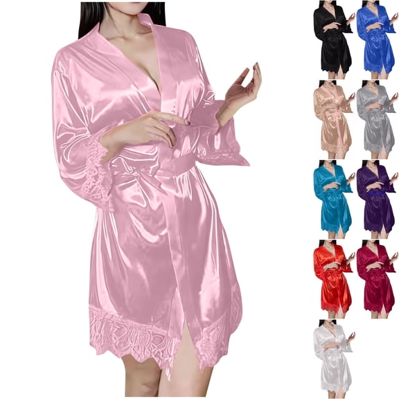 Womens Tie Front Robes Satin Kimono Bathrobe Elegant Soft Bridal Sleepwear V Neck 3/4 Sleeve Silky Loungewear Lace Trim Lightweight Nightwear, Pink, L