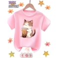 thumbnail image 1 of Camiseta 100 % algodón con estampado de gato bebiendo leche y té. Transpirable, informal, de verano, con un bonito diseño de gatito de dibujos animados. Cuello redondo y manga corta. Lavable a máqui, 1 of 7