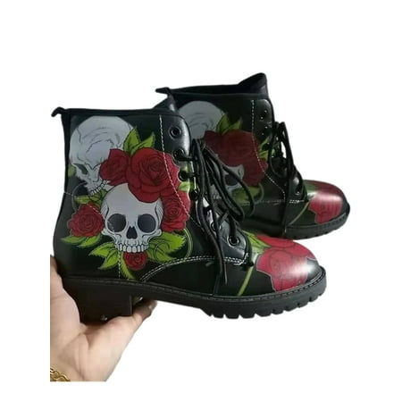 

YCCOTO Womens Gothic Punk Skull Printed Ankle Boots Low Block Heel Lace Up Booties Floral Party Shoes