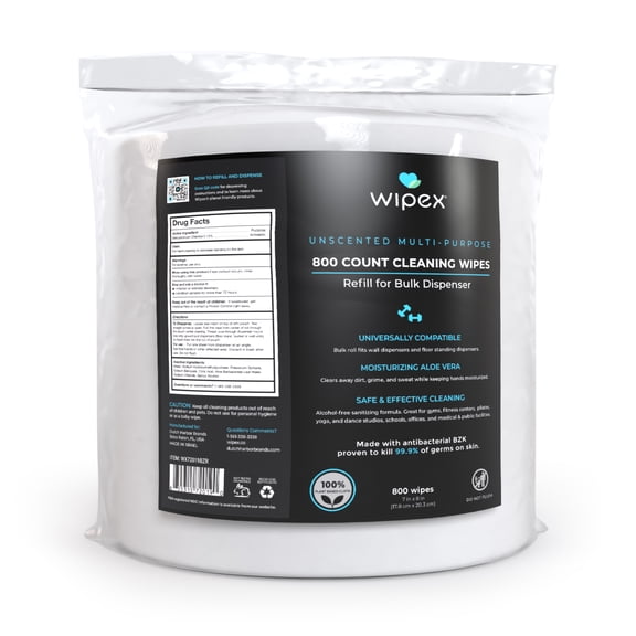 Wipex Gym Wipes Fitness Equipment Cleaning Wipes with BZK, 800 ct Refill Roll for Dispensers, 1 Refill Roll