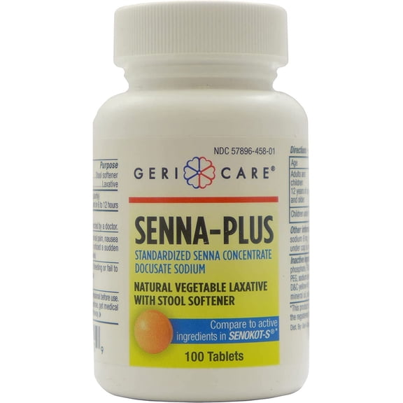 Geri-Care Senna Plus Natural Vegetable Laxative with Stool Softener, 4 Bottles of 100 Tablets each (400 Total)