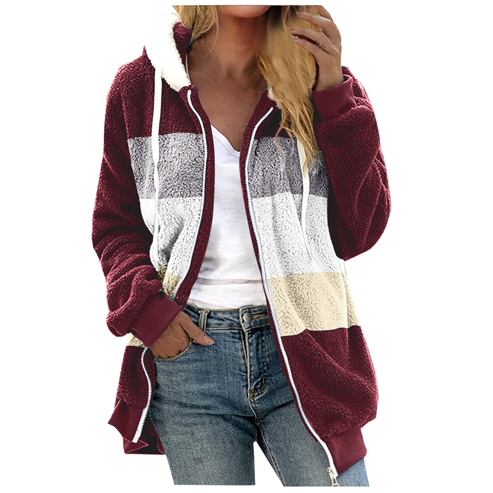 Sinpiling Womens Fleece Coats with Hooded Plus Size S-5X Full Zipper Up Jackets Casual Color Block Long Sleeve Warm Coat Winter