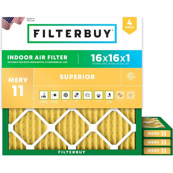 Filterbuy 16x16x1 MERV 11 (MPR 1200) Allergen Defense, Pleated HVAC AC Furnace Air Filters (4-Pack)