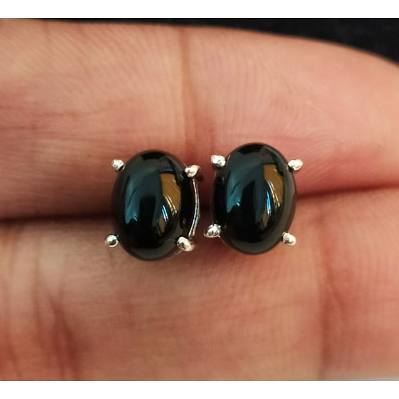 Natural Black Spinel Oval Cab Stud Earrings 925 Solid Sterling Silver Solitaire Earrings - Stud Earrings For Women
