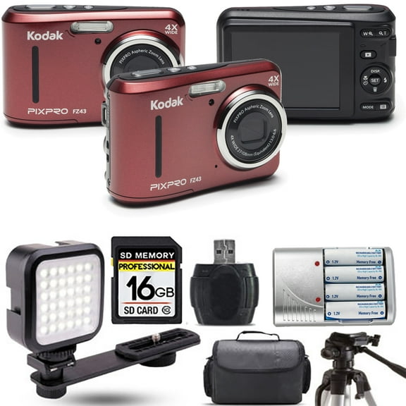Kodak PIXPRO FZ43 Digital Camera (Red)   Extra Battery   LED - 16GB Kit (International Version)