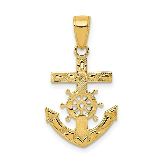 Real 14K Gold Anchor Cross Pendant Necklace for Men and Women Nautical Mariner Design with Ship Wheel Polished Statement Faith Jewelry for Daily Wear Spiritual Style Accessory