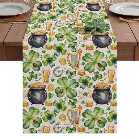 St. Patrick s Day Table Runner 13 x 60 Inch Lucky Shamrocks Harp Beer Horseshoes Envelope Linen Texture Washable Cotton Linen Dining Table Runner Tabletop Decorations for Home Kitchen Party