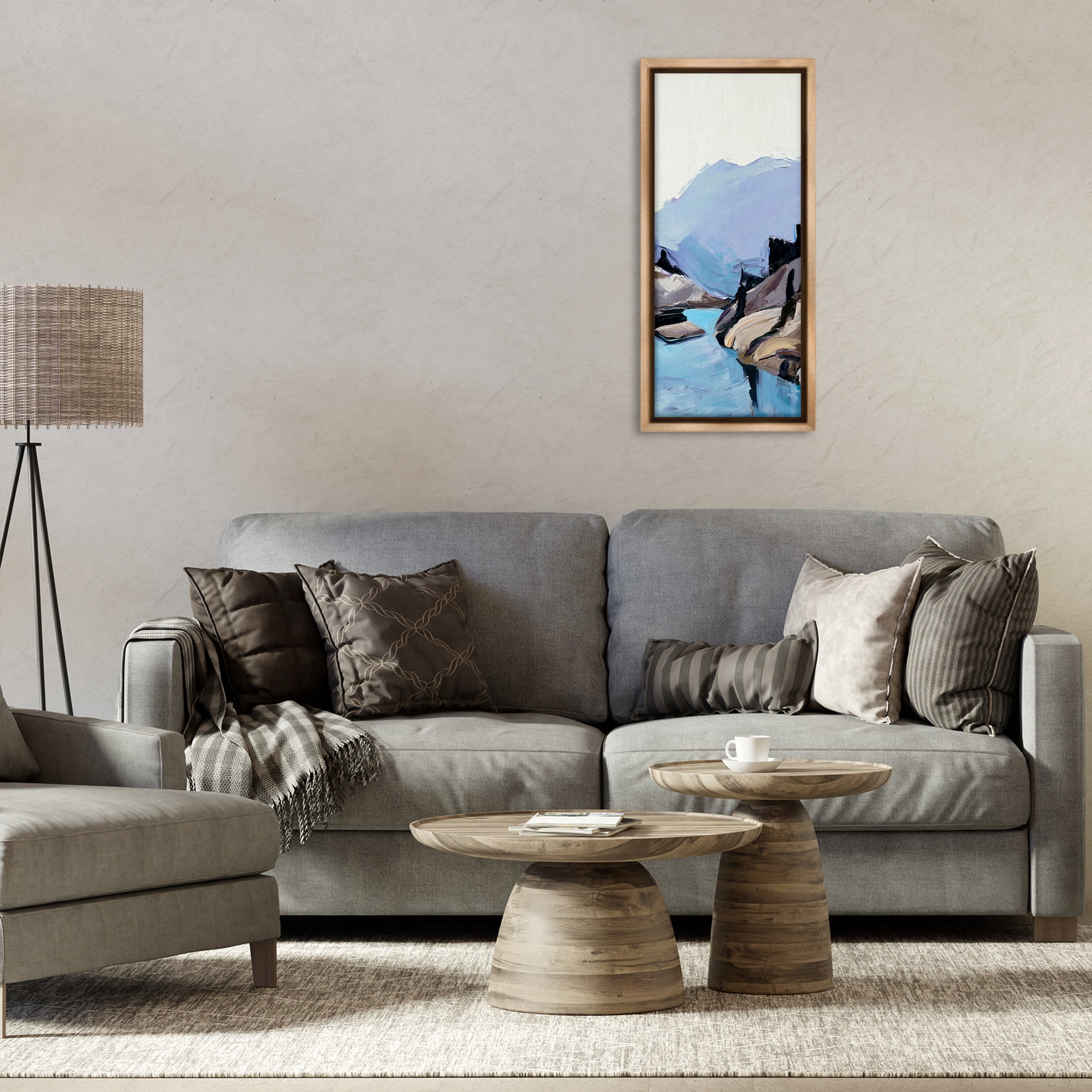 Stupell Industries Mountain River Abstraction Landscape & Nature Painting Brown Floater Framed Canvas Art Print Wall Art, 14 x 31