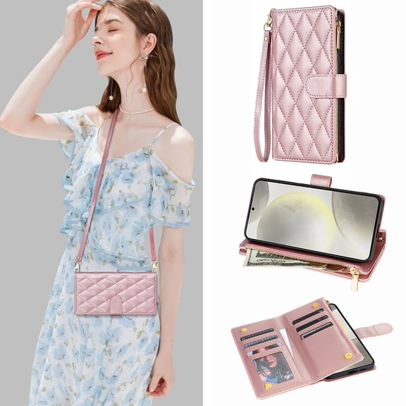 Allytechgroup For Samsung Galaxy S26 Flip Wallet Case with Card & Cash Slots, Zipper Pocket, Crossbody Shoulder Strap & Lanyard, Rosegold