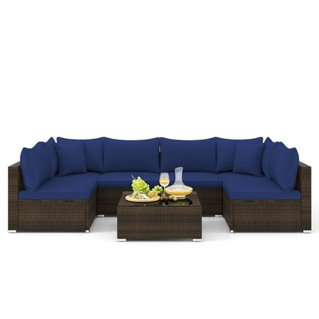 Gymax Set of 7 Rattan Furniture Set Sectional Sofa Cushioned Garden Patio Navy
