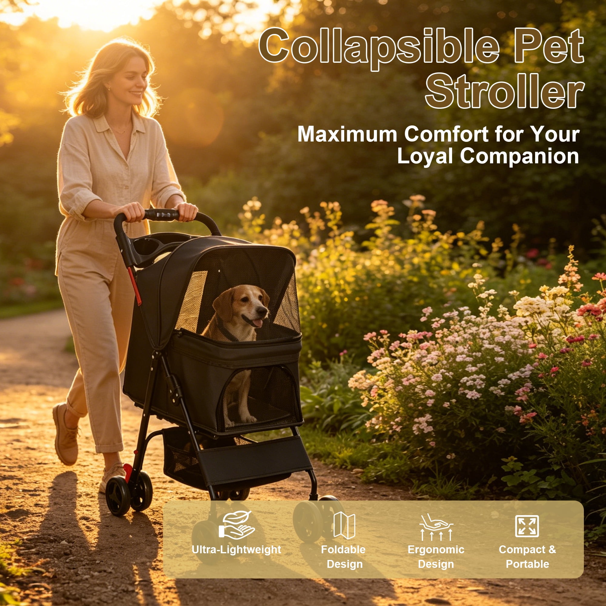 Foldable 4 Wheels Pet Stroller for Small Dogs and Cats, Pet Rolling Carrier with Storage Basket & Breathable Mesh