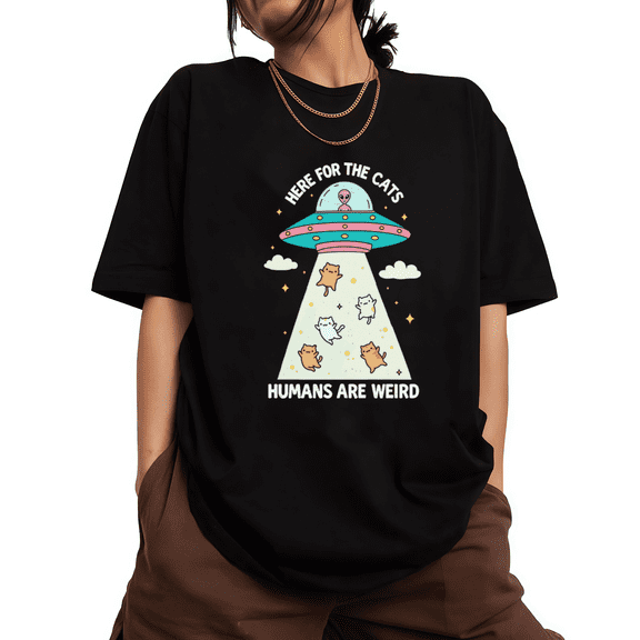 Here For The Cats Humans Are Weird Print Tshirt Black S-5XL Quirky Graphic Tees Shirts Tops