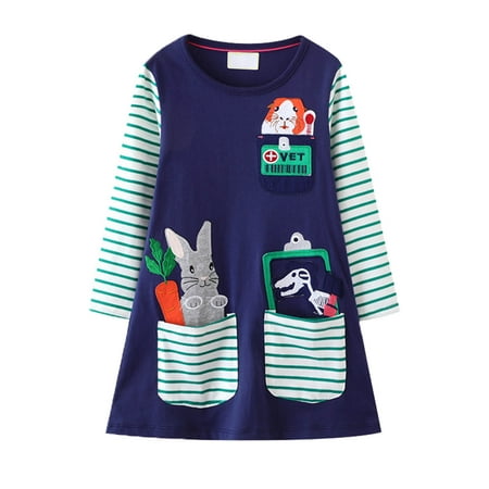 

Baby Girls Dresses Kids Crew Neck Long Sleeves Cartoon Print Sundress Casual Beach Print Pockets Party Dress Baby Girl Clothes